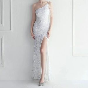 White sequin off shoulder Gatsby beaded prom dress formal gala wedding gown